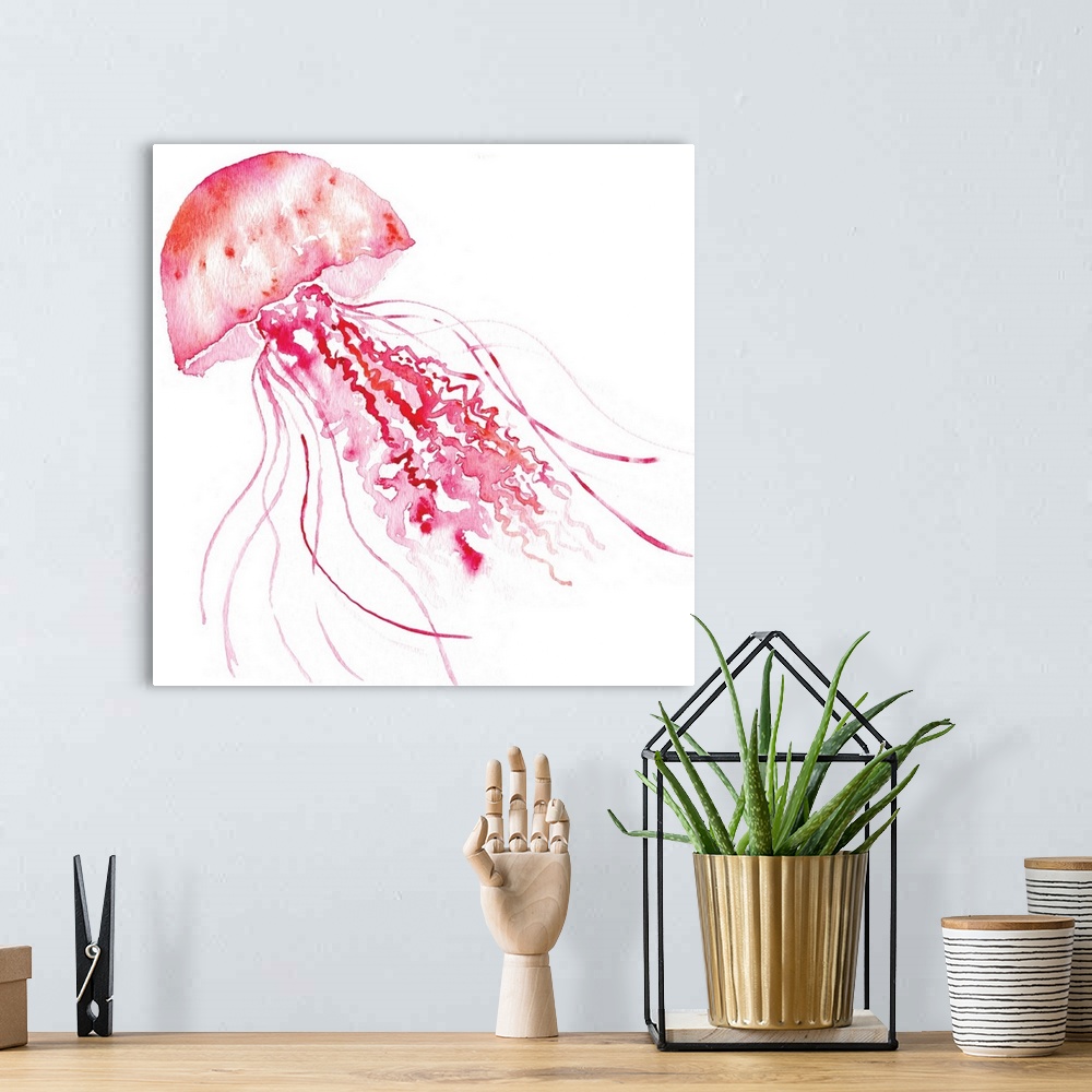 A bohemian room featuring Watercolor painting of a pink jellyfish with long tentacles.
