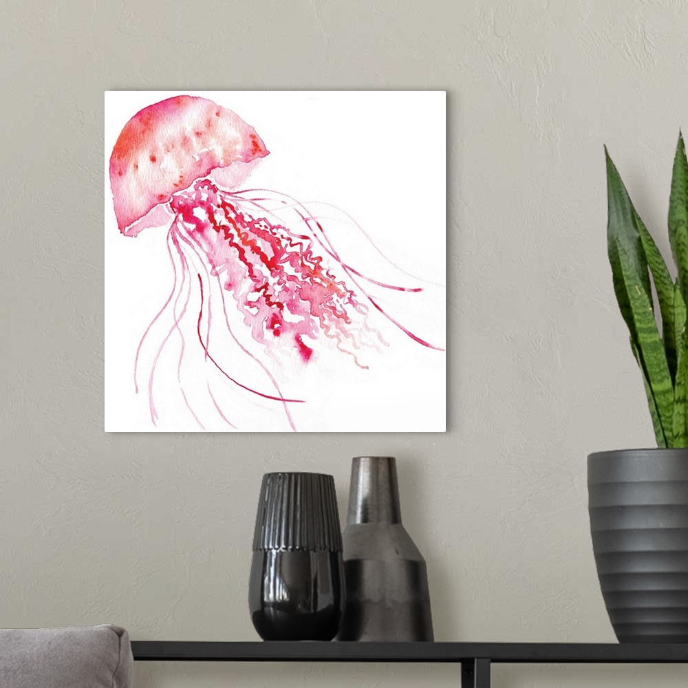 A modern room featuring Watercolor painting of a pink jellyfish with long tentacles.