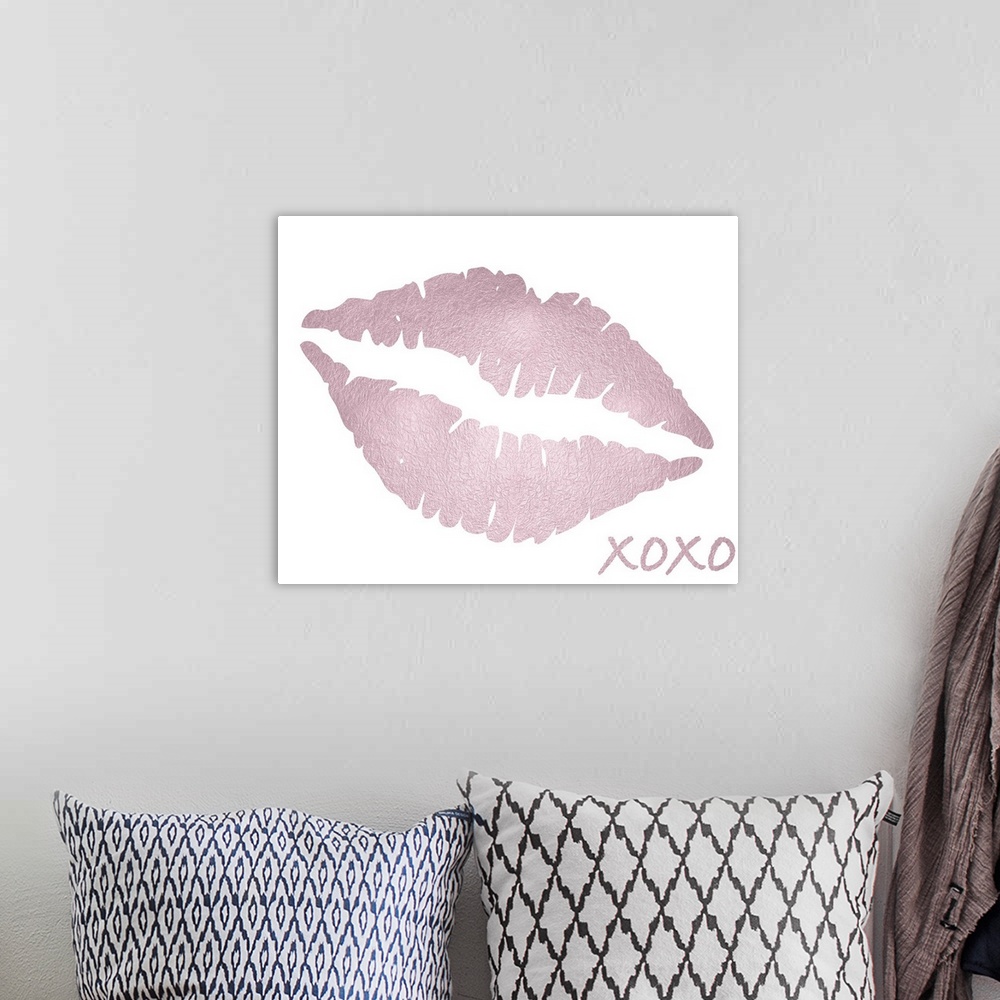 A bohemian room featuring Pink sparkly lips with 'XOXO" written at the bottom on a white background.