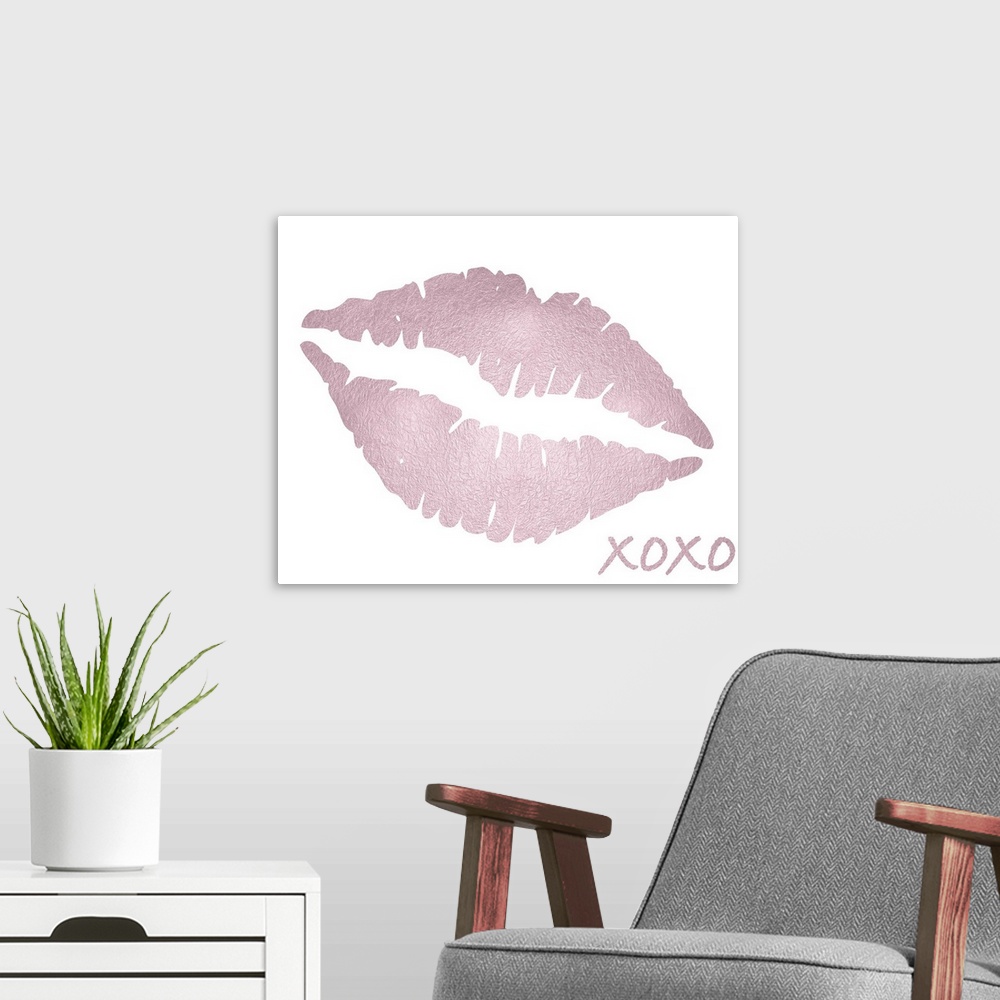 A modern room featuring Pink sparkly lips with 'XOXO" written at the bottom on a white background.