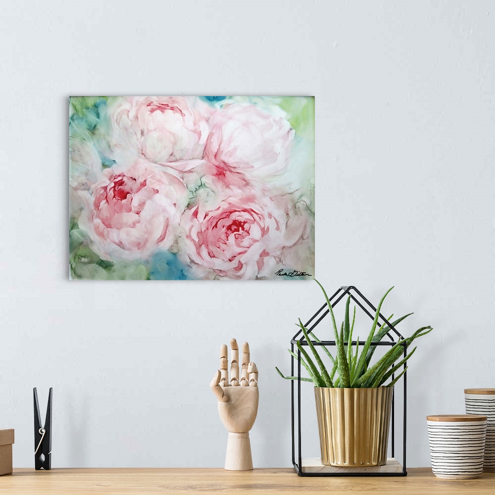 A bohemian room featuring Contemporary painting of pink peonies on a green and blue background.