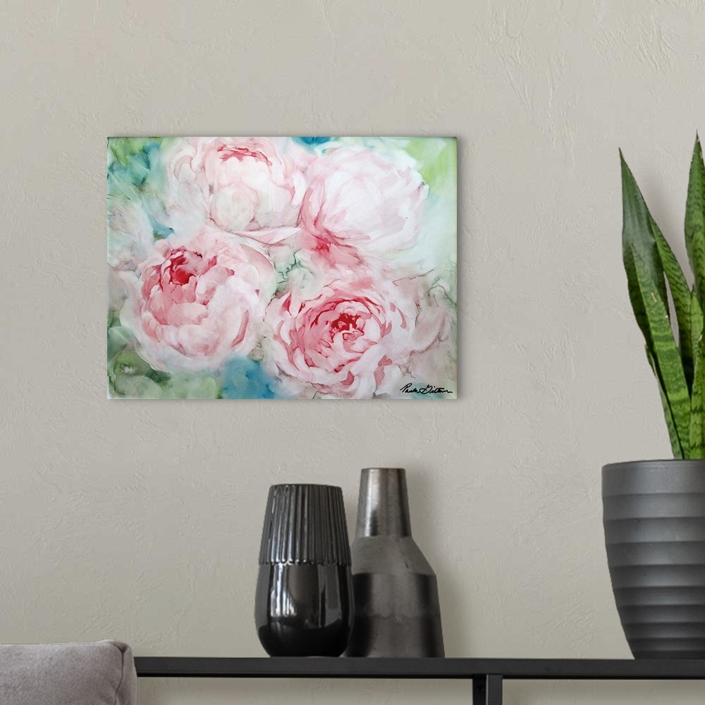A modern room featuring Contemporary painting of pink peonies on a green and blue background.