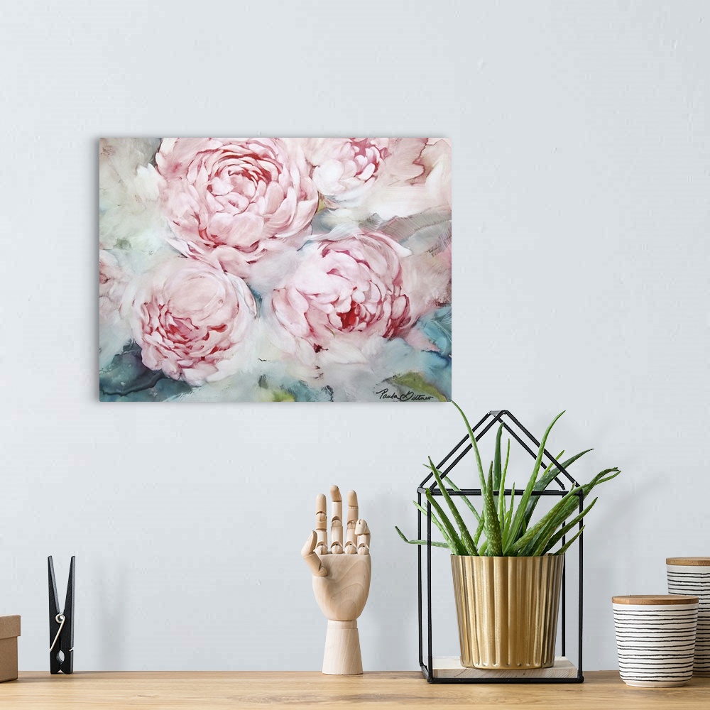 A bohemian room featuring Contemporary painting of pink peonies with a green and blue background.
