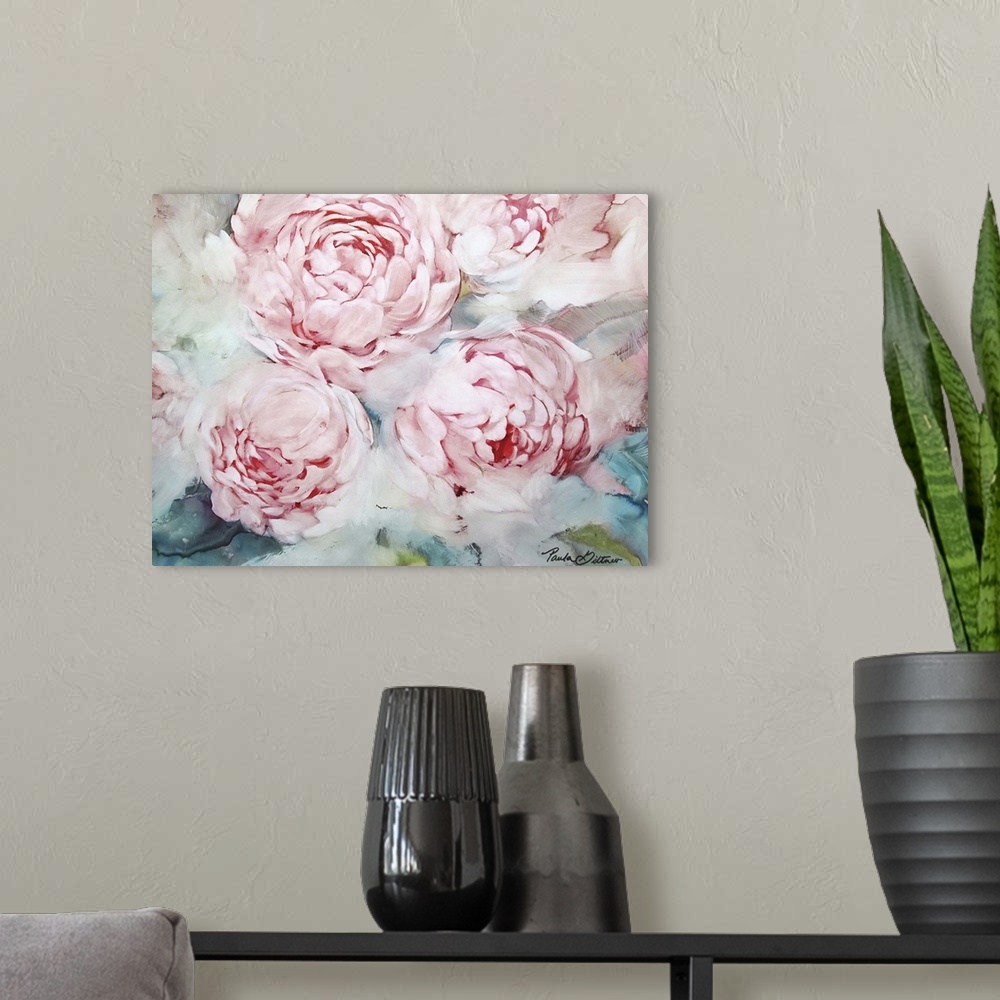 A modern room featuring Contemporary painting of pink peonies with a green and blue background.