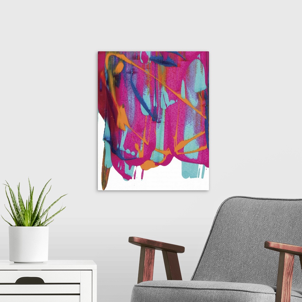 A modern room featuring Brightly colored abstract painting with pink, blue, and orange hues falling from the top down to ...