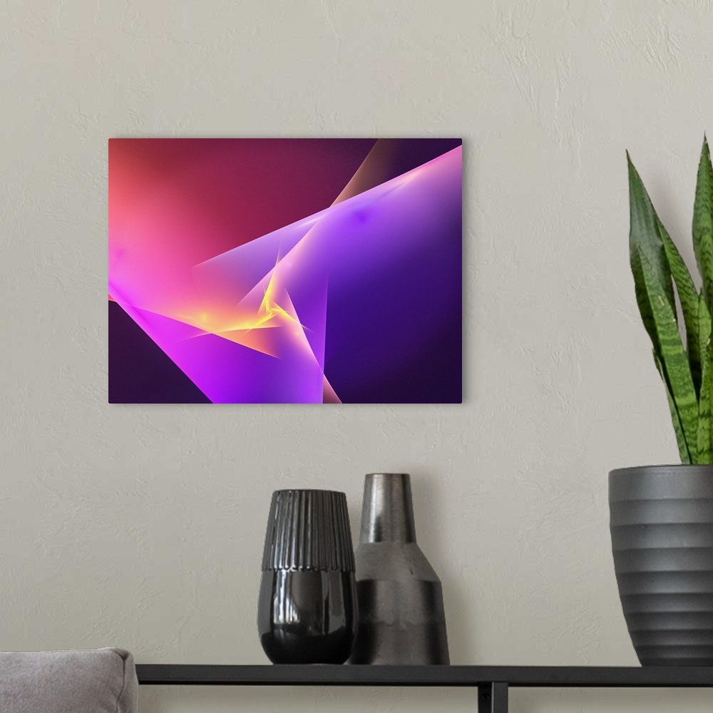 A modern room featuring Digital abstract artwork in purple and pink shades.