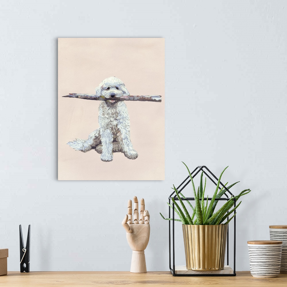 A bohemian room featuring Contemporary painting of a white dog holding a large stick in its mouth.