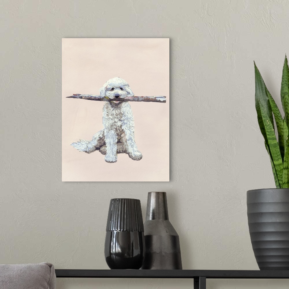 A modern room featuring Contemporary painting of a white dog holding a large stick in its mouth.