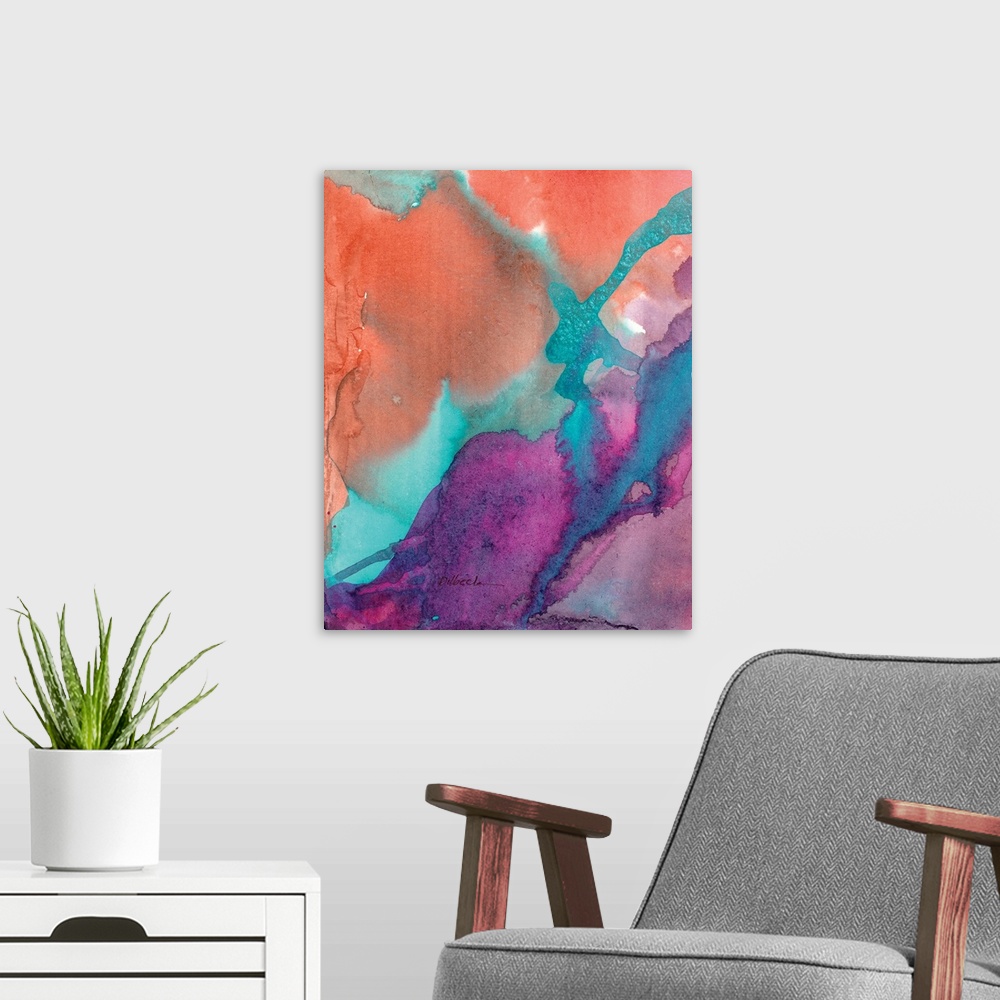 A modern room featuring Abstract watercolor painting with layers of pink, purple, orange, and blue hues.