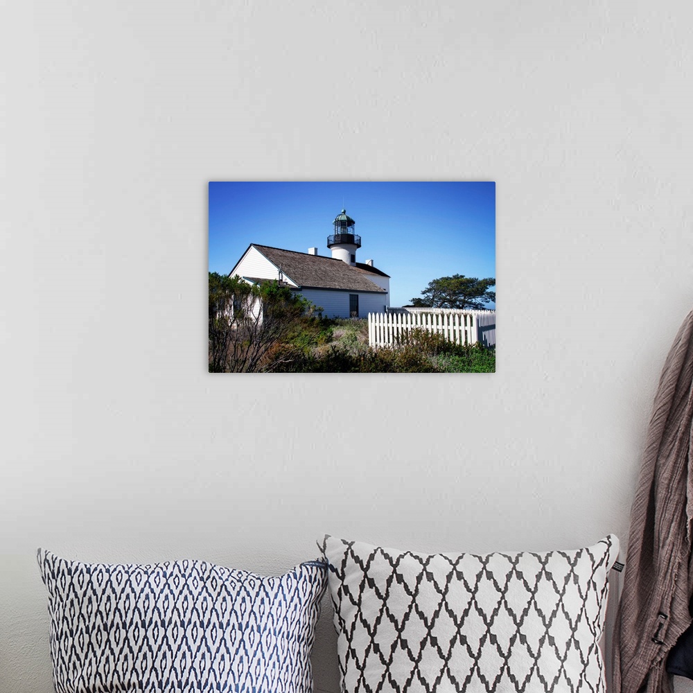 A bohemian room featuring Photograph of Point Loma Lighthouse in San Diego, California.