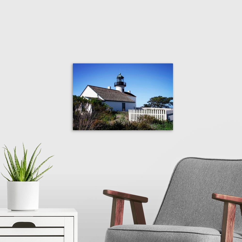 A modern room featuring Photograph of Point Loma Lighthouse in San Diego, California.