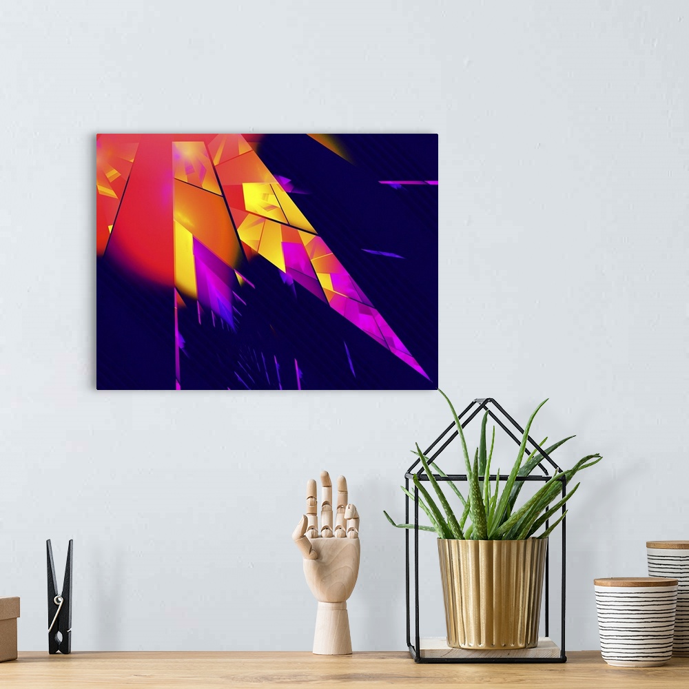A bohemian room featuring Digital abstract artwork in red and yellow on dark blue.