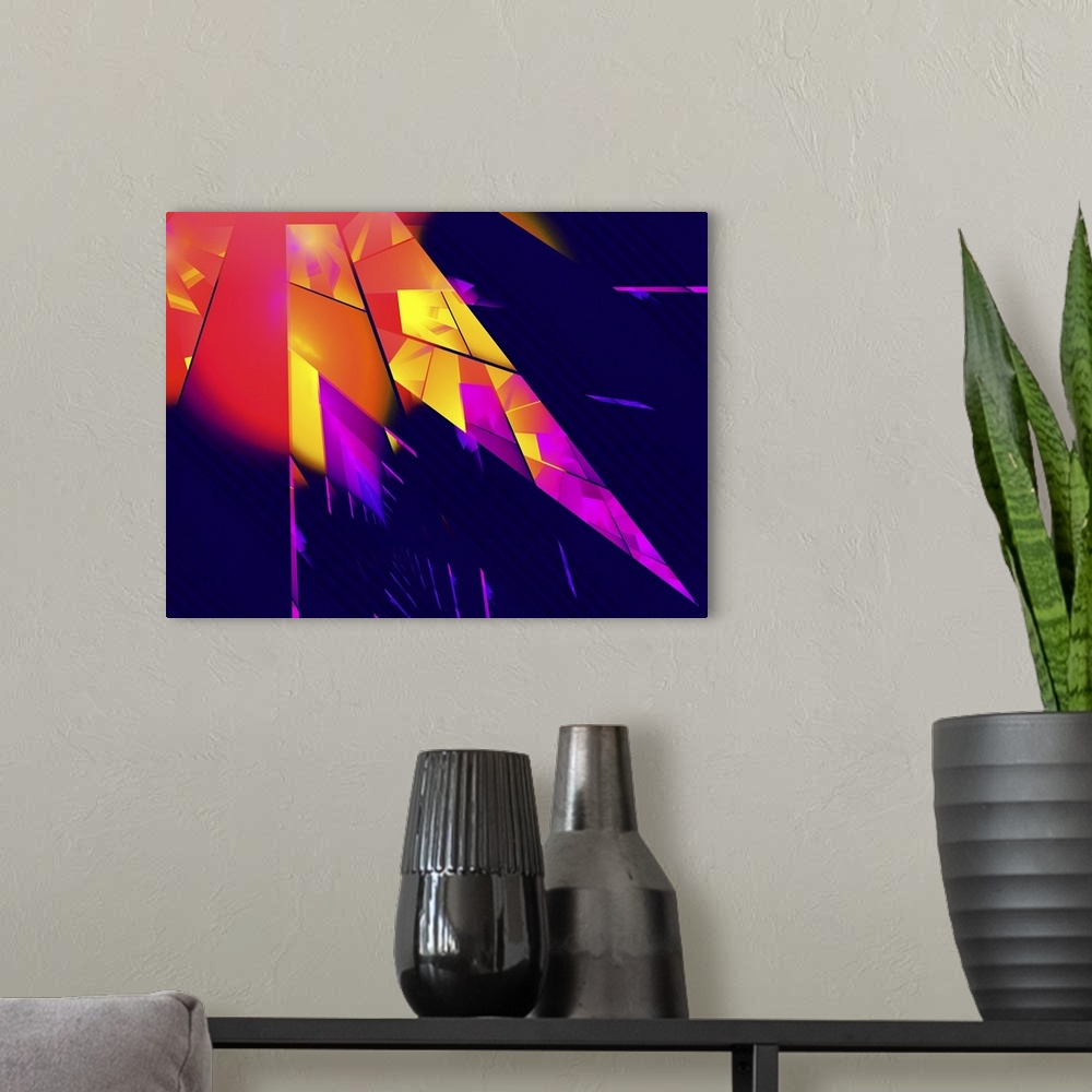 A modern room featuring Digital abstract artwork in red and yellow on dark blue.
