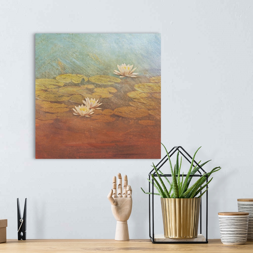 A bohemian room featuring Color drawing of lilies and flowers on a pond.
