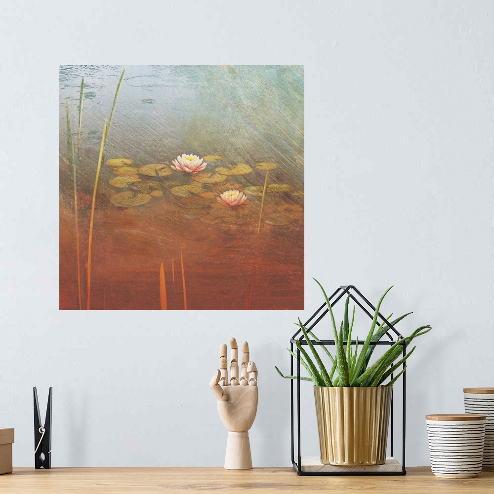 A bohemian room featuring Large contemporary art shows a variety of high grass and lily pads sitting on calm water.  Artist...