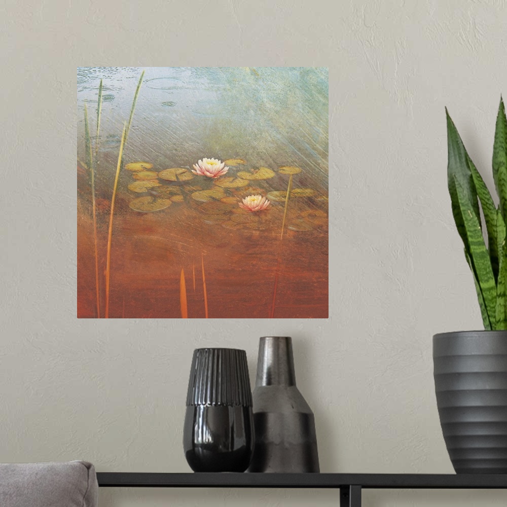 A modern room featuring Large contemporary art shows a variety of high grass and lily pads sitting on calm water.  Artist...