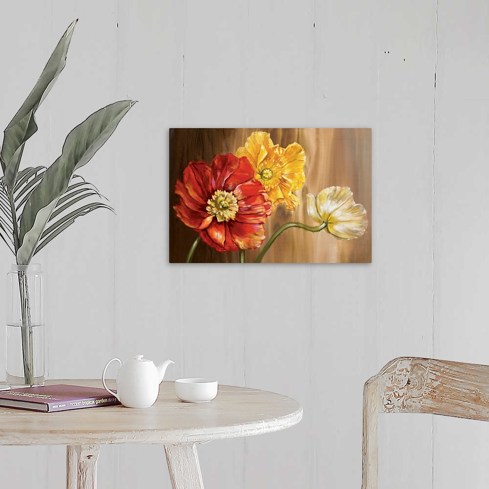 A farmhouse room featuring Realistic rendering of three poppies with painterly brushstrokes on a neutral background.