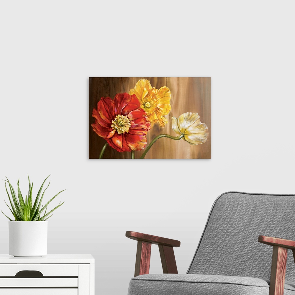 A modern room featuring Realistic rendering of three poppies with painterly brushstrokes on a neutral background.