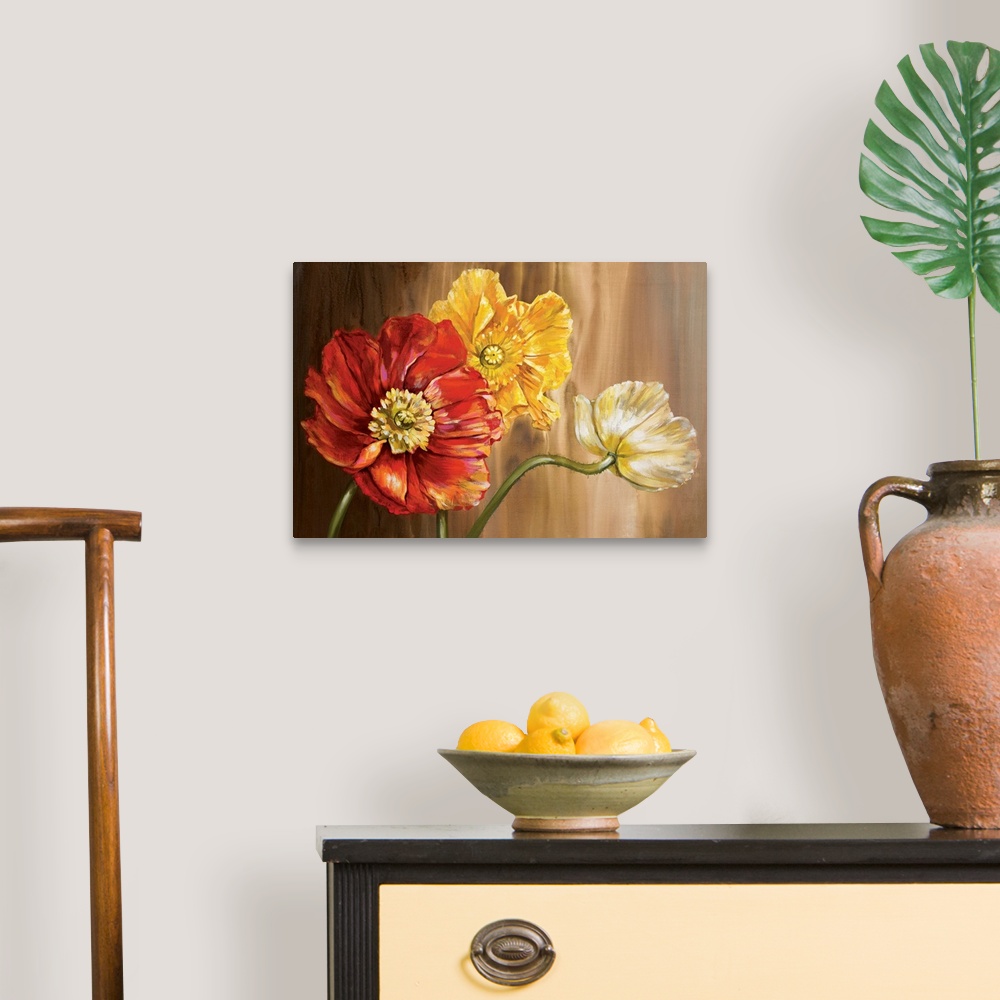 A traditional room featuring Realistic rendering of three poppies with painterly brushstrokes on a neutral background.