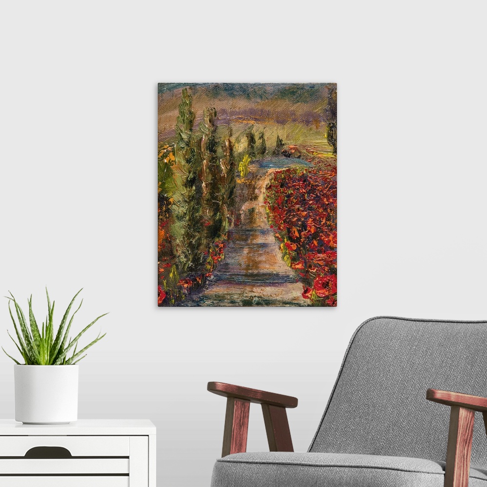A modern room featuring Painting of an abstract landscape with a dirt road lined with red poppies.
