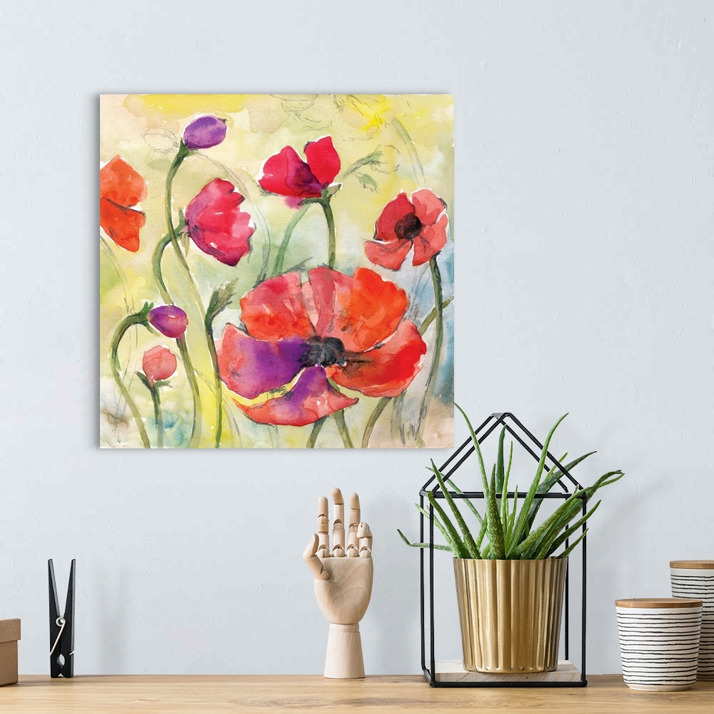 A bohemian room featuring Square watercolor painting of red poppies with hints of purple on a blue, green, and yellow backg...