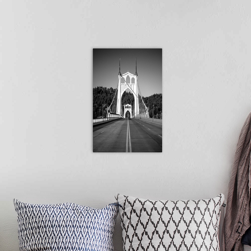 A bohemian room featuring Black and white photograph of St. John's Bridge in Portland, Oregon.