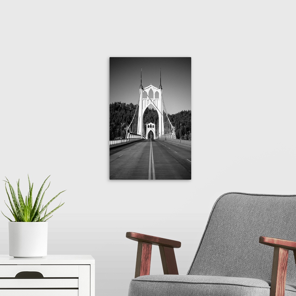 A modern room featuring Black and white photograph of St. John's Bridge in Portland, Oregon.