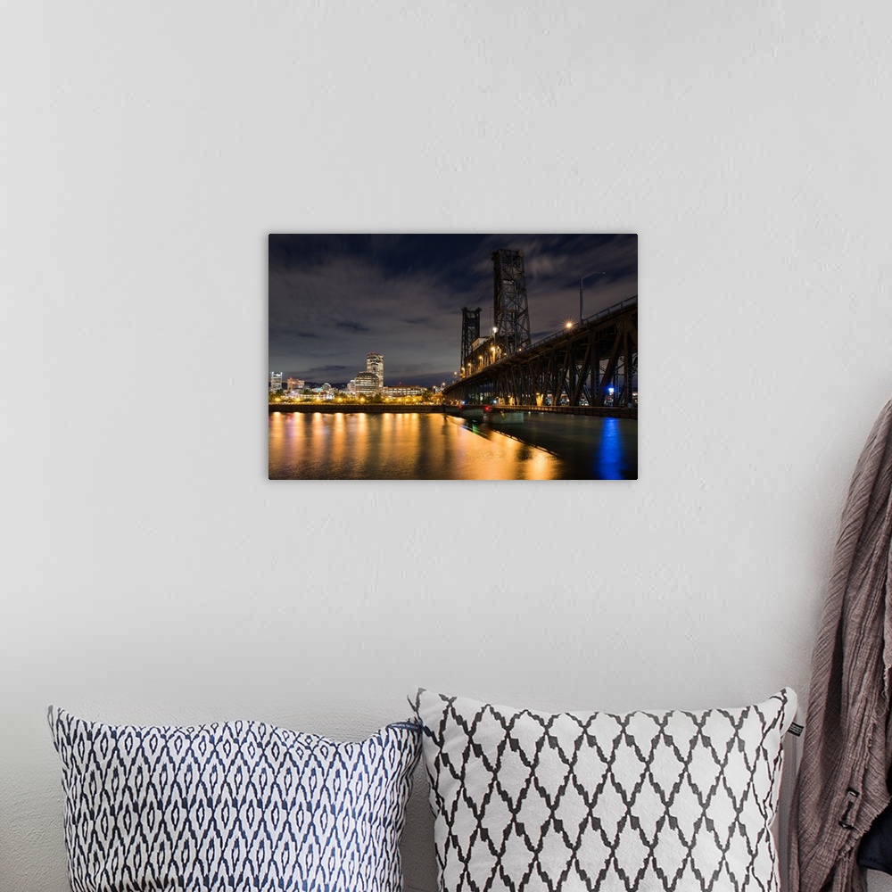 A bohemian room featuring Photograph of Portland lit up at night with the Willamette River in front and the Steel Bridge on...