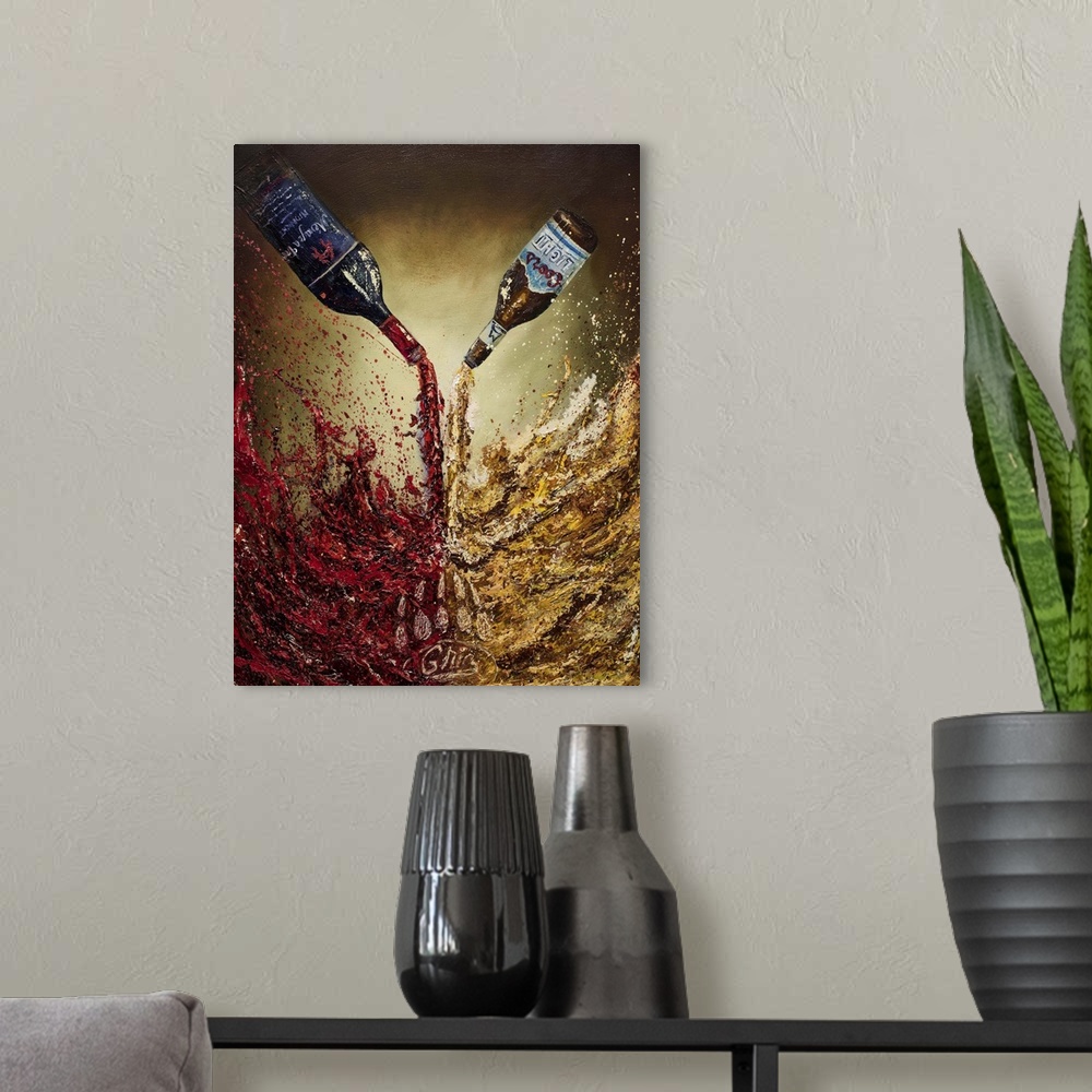 A modern room featuring Painting of red wine and Coors Light beer being poured down and splashing up next to each other.