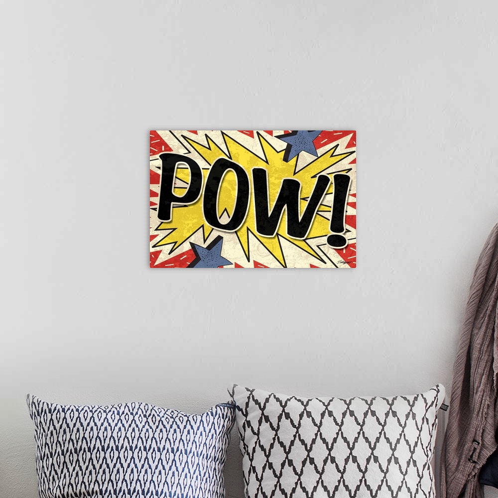 A bohemian room featuring Superhero starburst with "POW!" written in the center.