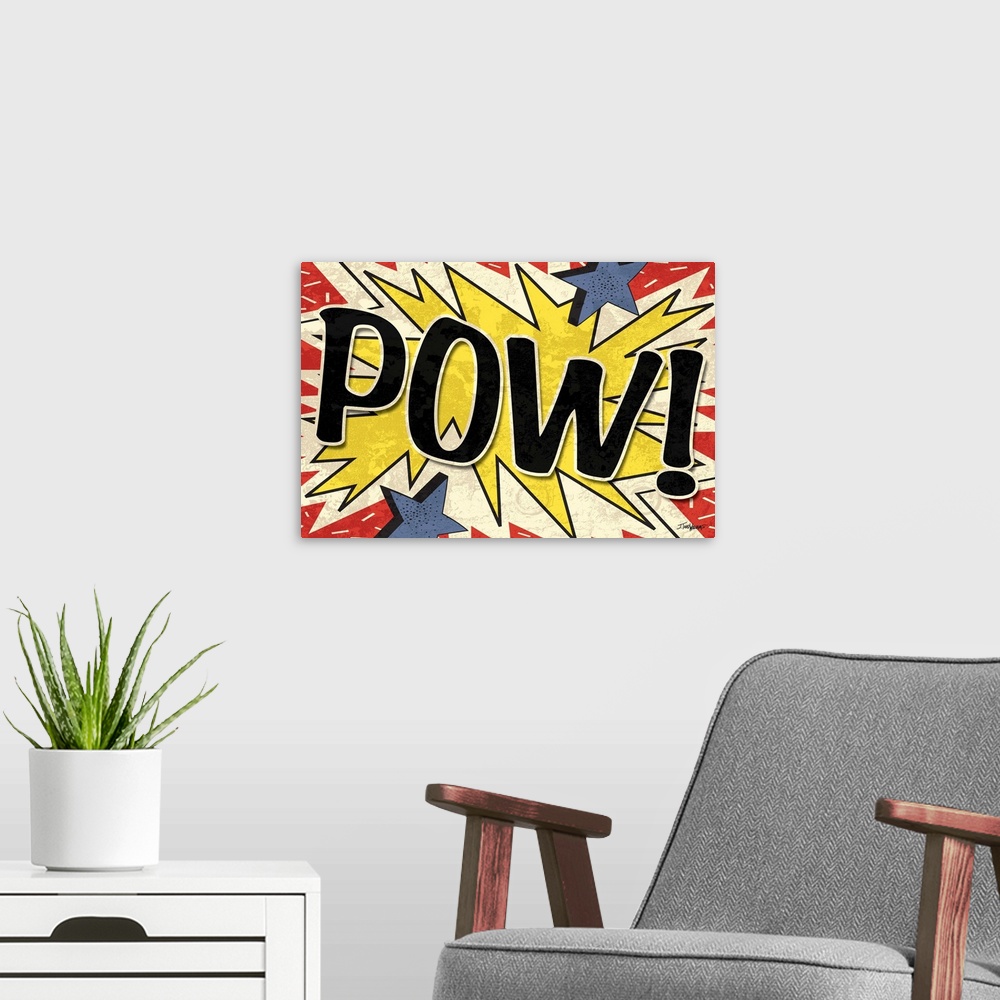 A modern room featuring Superhero starburst with "POW!" written in the center.