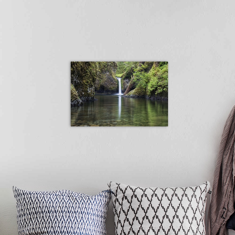 A bohemian room featuring Landscape photograph of Punchbowl Falls on the Columbia River in Oregon.