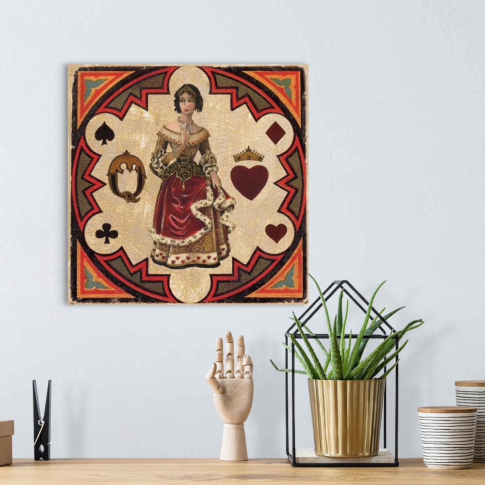 A bohemian room featuring Square vintage illustration of a Queen inside a circular design with a heart, spade, clover, and ...