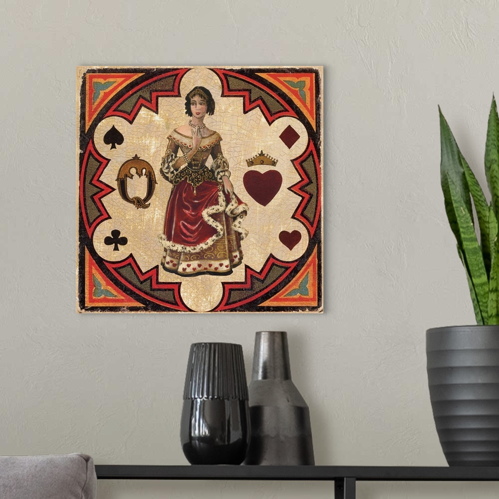 A modern room featuring Square vintage illustration of a Queen inside a circular design with a heart, spade, clover, and ...
