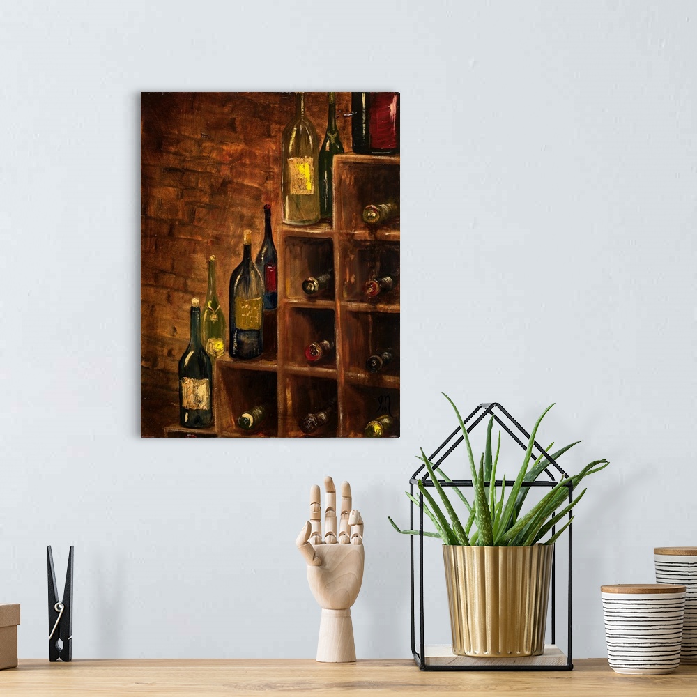 A bohemian room featuring Contemporary painting of wine bottles on a wooden rack in a cellar.