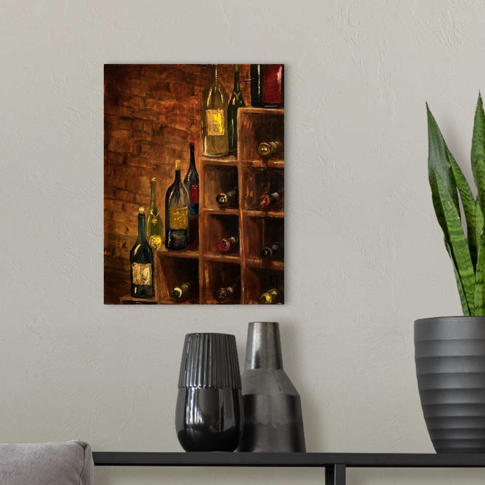 A modern room featuring Contemporary painting of wine bottles on a wooden rack in a cellar.