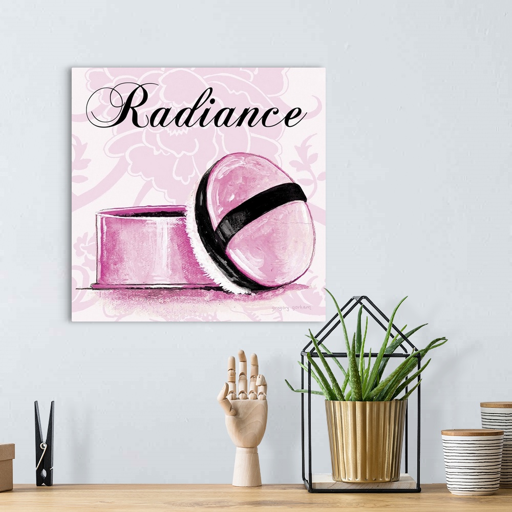 A bohemian room featuring Decorative square art with a pink floral background and an illustration of a face powder containe...