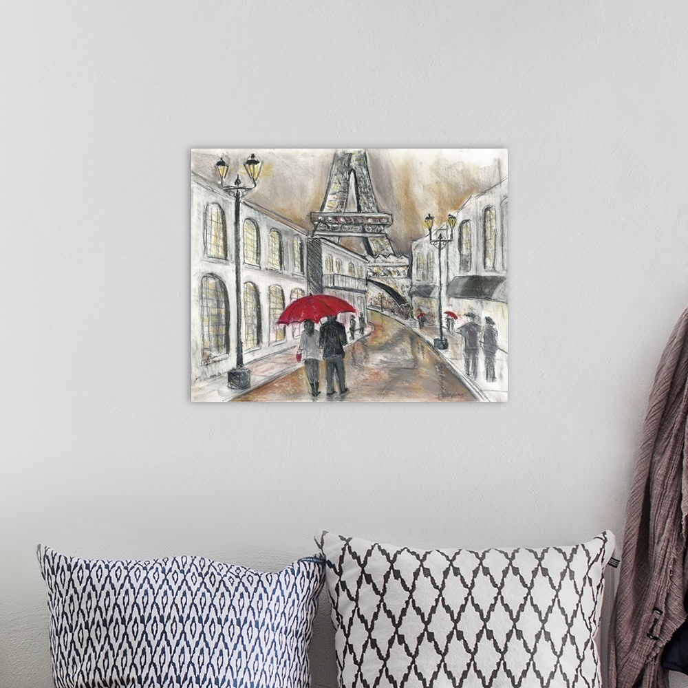 A bohemian room featuring Charcoal sketch of a Paris cityscape  with the Eiffel Tower in the background and people walking ...