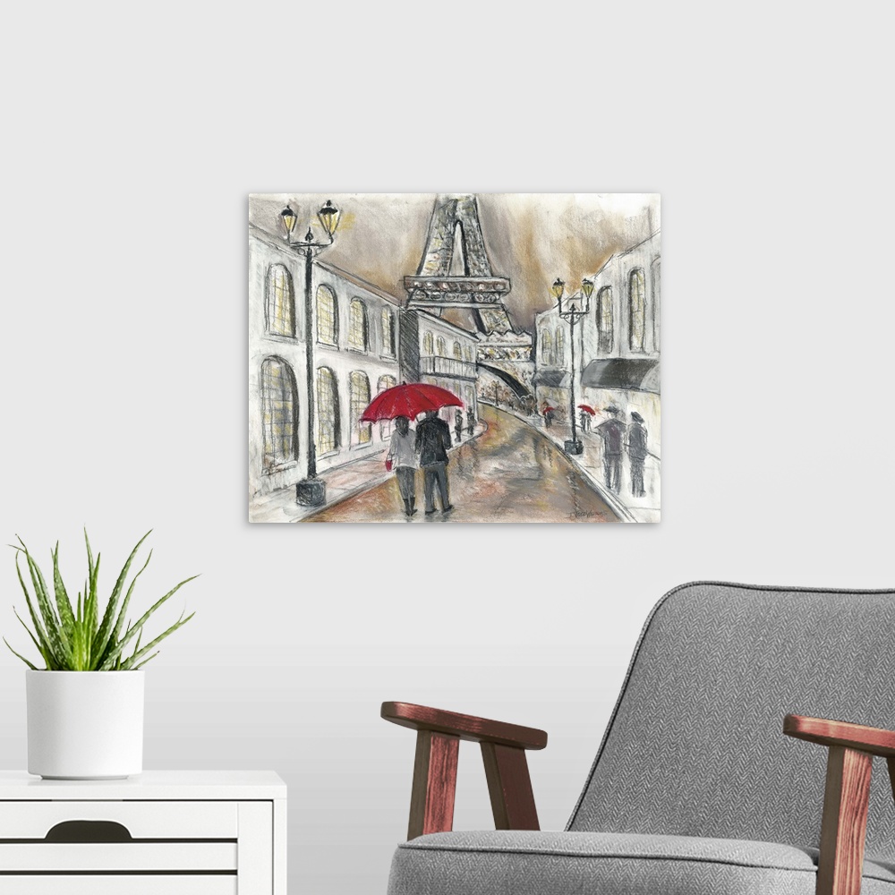 A modern room featuring Charcoal sketch of a Paris cityscape  with the Eiffel Tower in the background and people walking ...