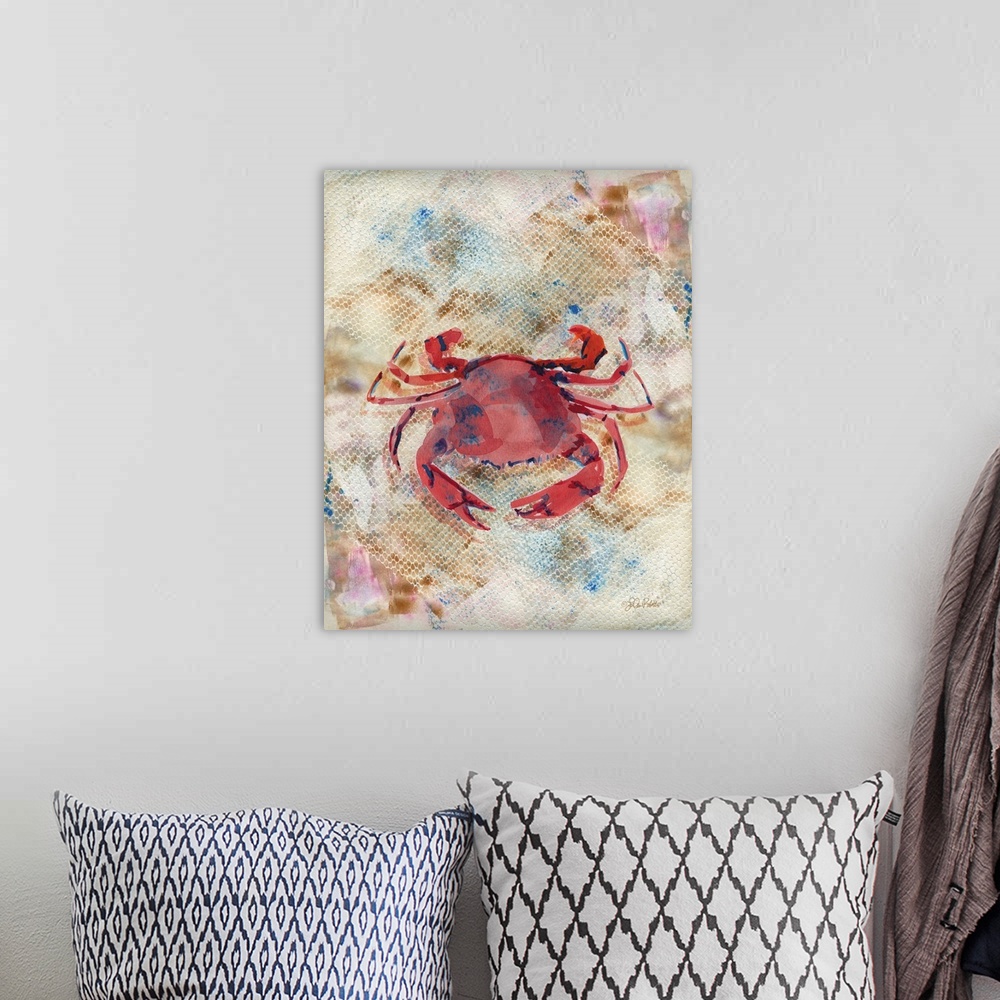 A bohemian room featuring Watercolor painting of a crab with blue spots on a textured white, brown, blue, and pink background.