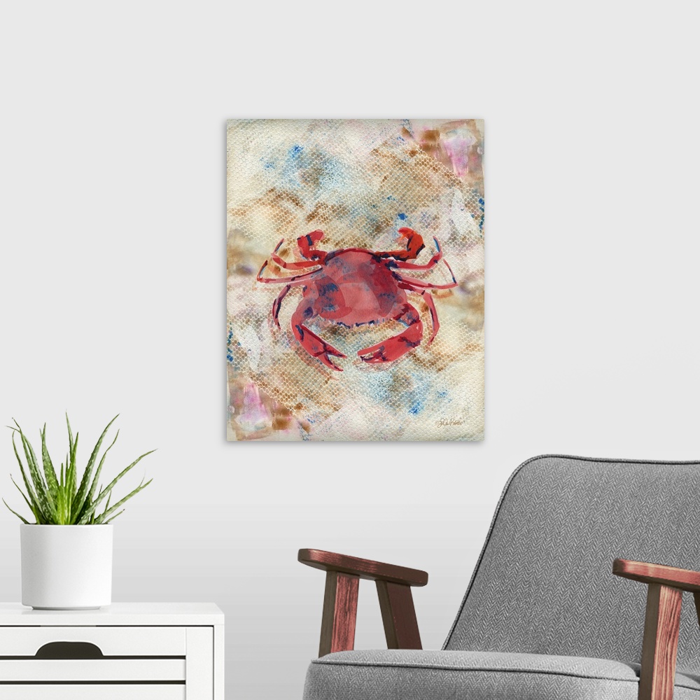 A modern room featuring Watercolor painting of a crab with blue spots on a textured white, brown, blue, and pink background.