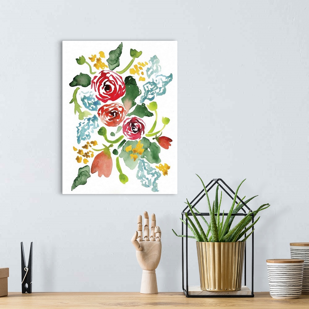 A bohemian room featuring Watercolor painting of colorful flowers in red, yellow, and blue, with green leaves.