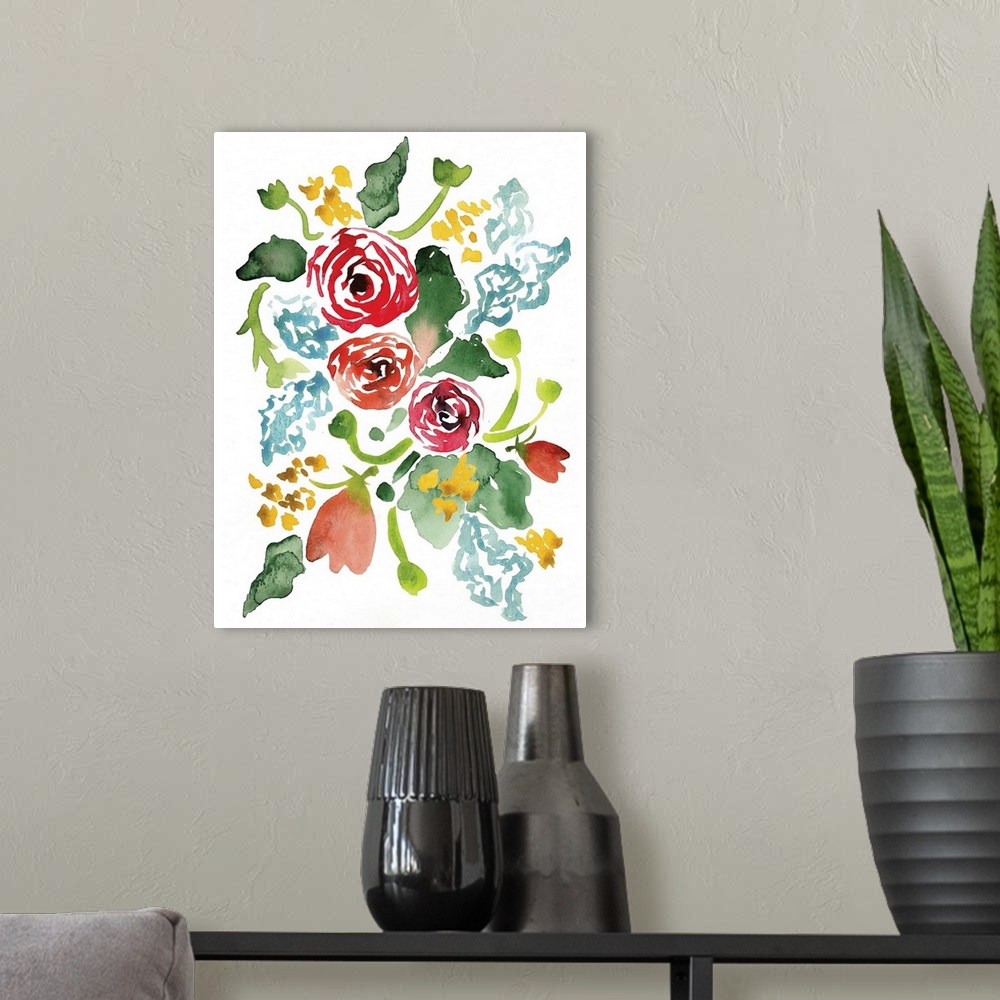 A modern room featuring Watercolor painting of colorful flowers in red, yellow, and blue, with green leaves.