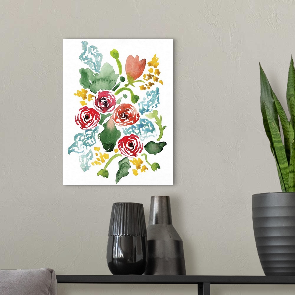 A modern room featuring Watercolor painting of colorful flowers in red, yellow, and blue, with green leaves.