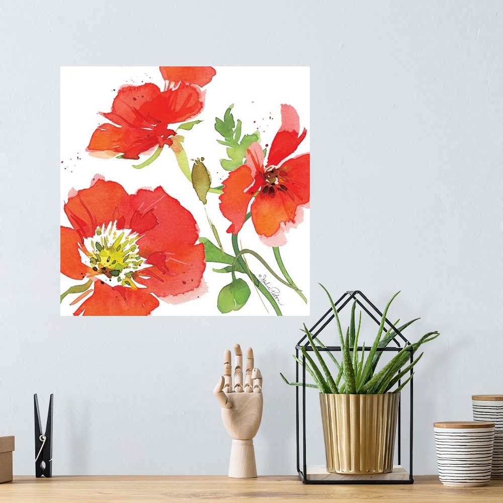 A bohemian room featuring Square watercolor painting of red poppies on a white background with a little bit of red paint sp...