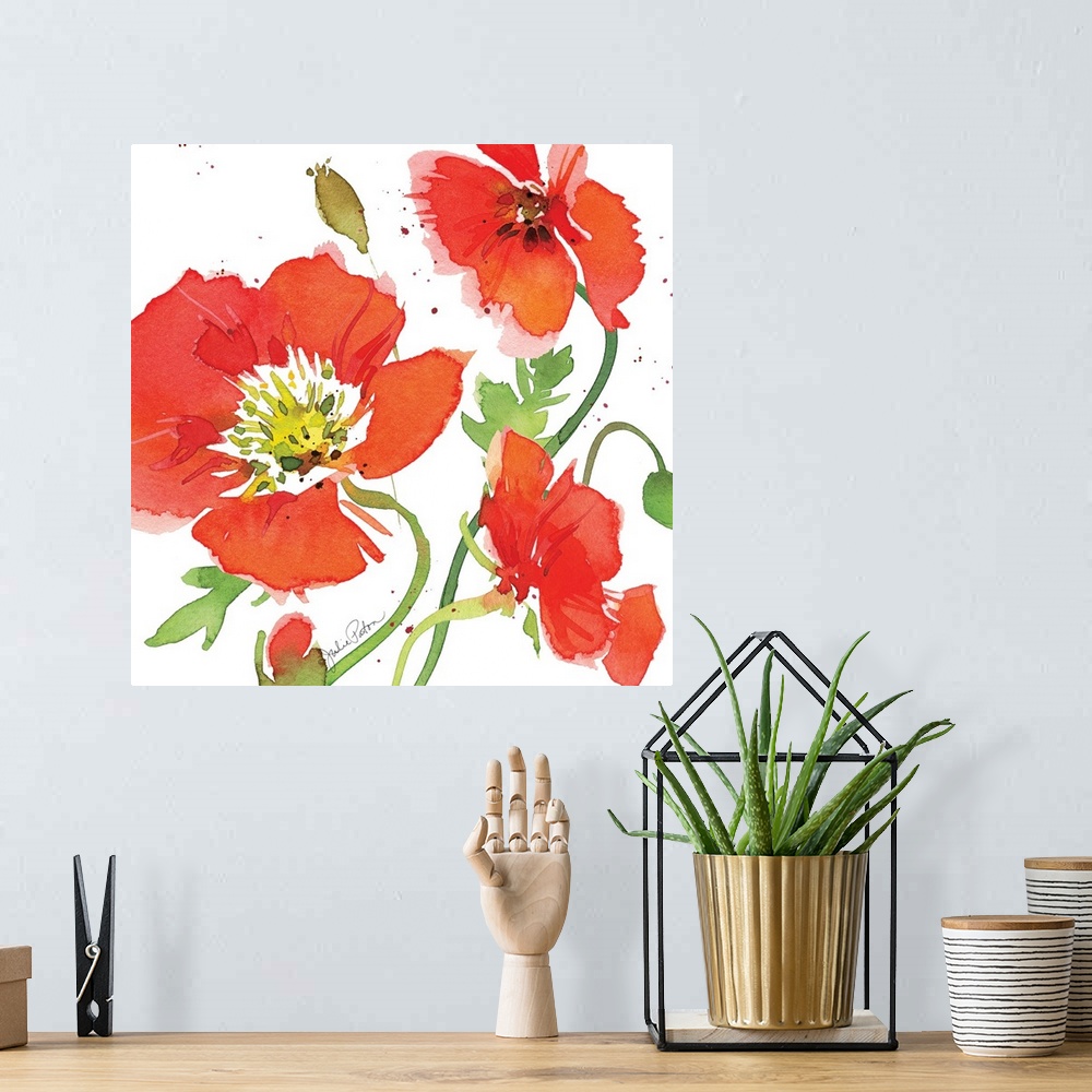 A bohemian room featuring Square watercolor painting of red poppies on a white background with a little bit of red paint sp...