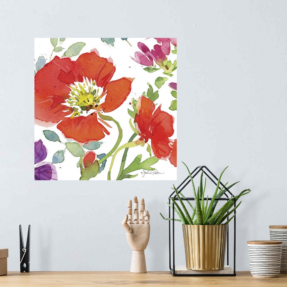 A bohemian room featuring Square watercolor painting of red poppies with a few purple and pink flowers on a white background.
