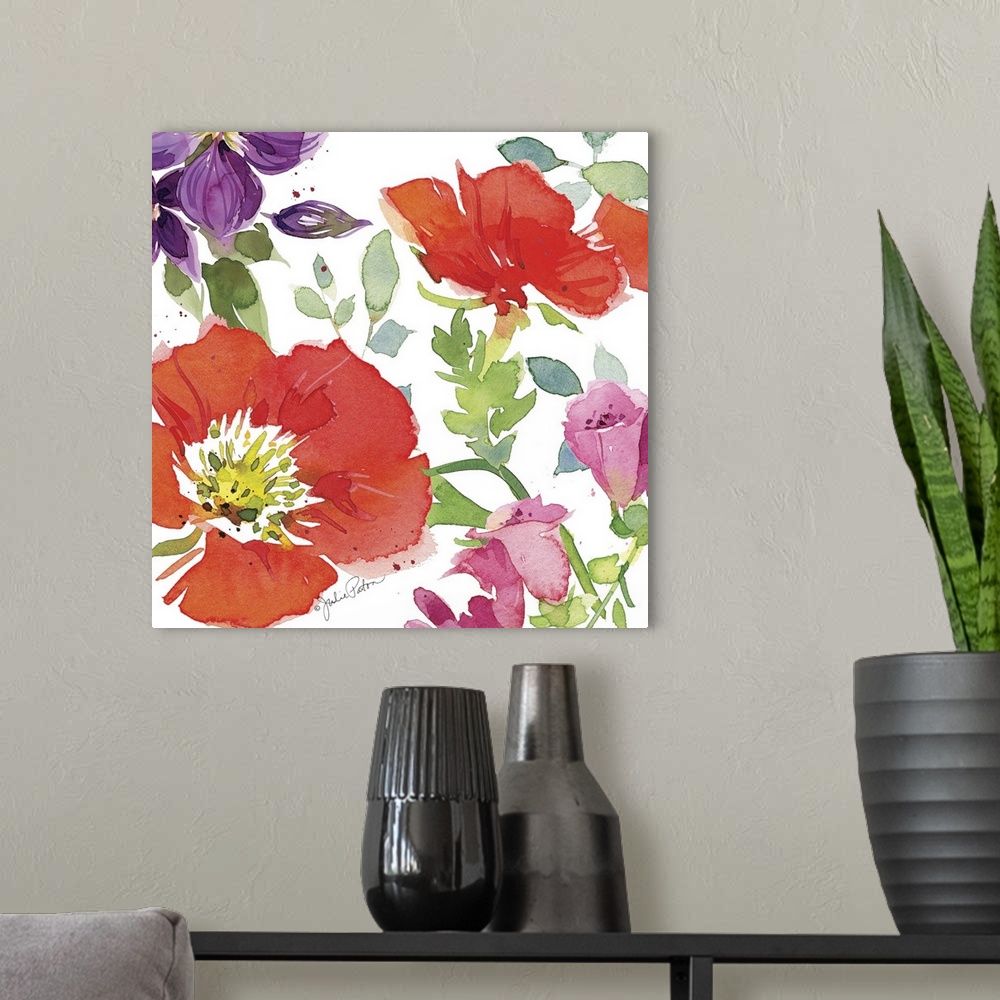 A modern room featuring Square watercolor painting of red poppies with a few purple and pink flowers on a white background.