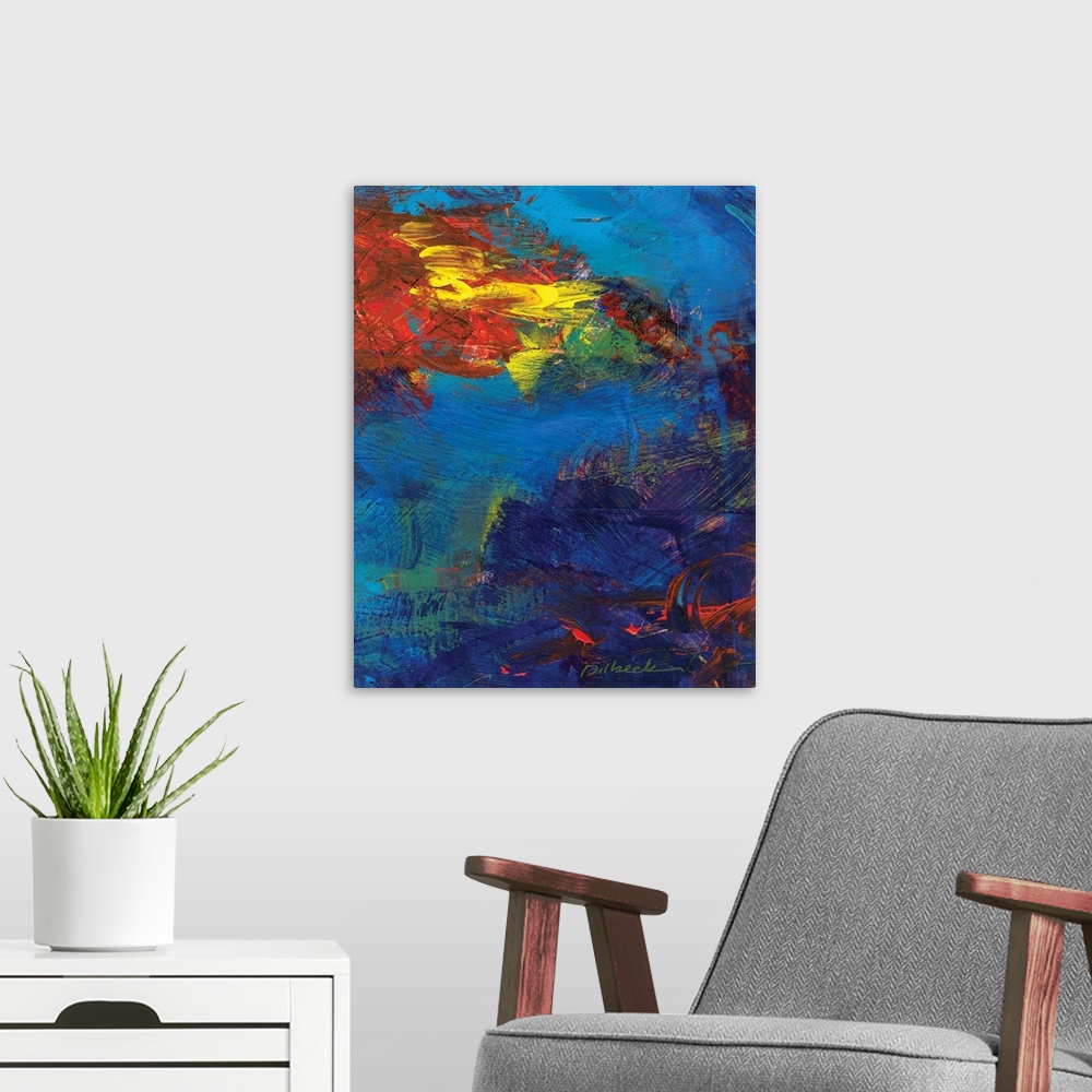 A modern room featuring Abstract painting in shades of blue with bright pops of red and yellow on top.