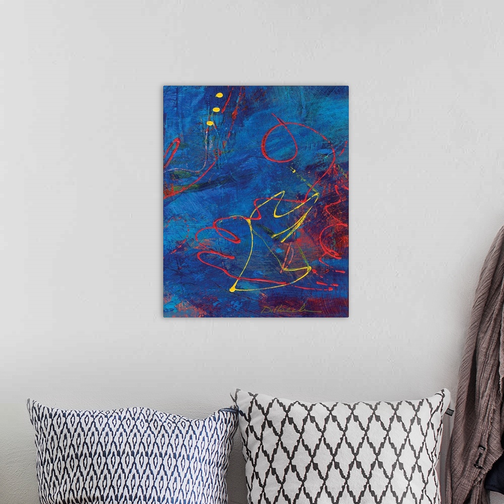 A bohemian room featuring Abstract painting in shades of blue with bright red and yellow swirly line designs on top creatin...